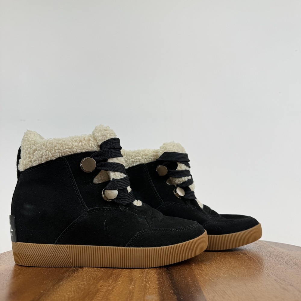 New Womens Sorel Out N About Cozy Wedge Black Leather Ankle Booties Size 6.5 M